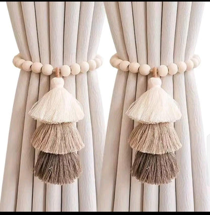 Bohemian style magnetic curtain ties with elastic rope and wooden bead, 2-piece set