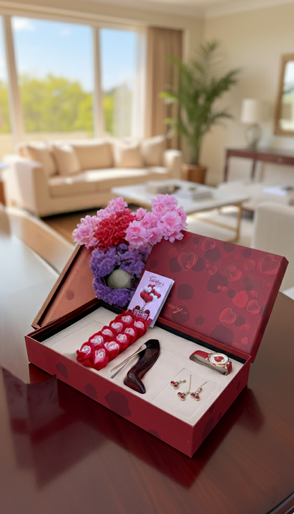 Valentine’s ladies gift set with floral perfume, preserved soap roses, watch, jewellery, gift card and bag.