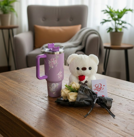 Valentines ladies gift set with Stanley mug, teddy bear and preserved roses bouquet