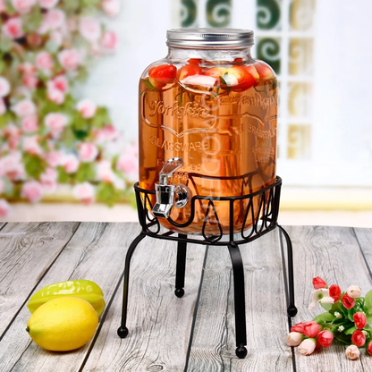 Glass Beverage Dispenser with Metal Stand and Tap