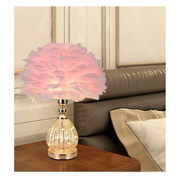 Crystal feather table lamp with pink and grey feather shades and elegant crystal-style base
