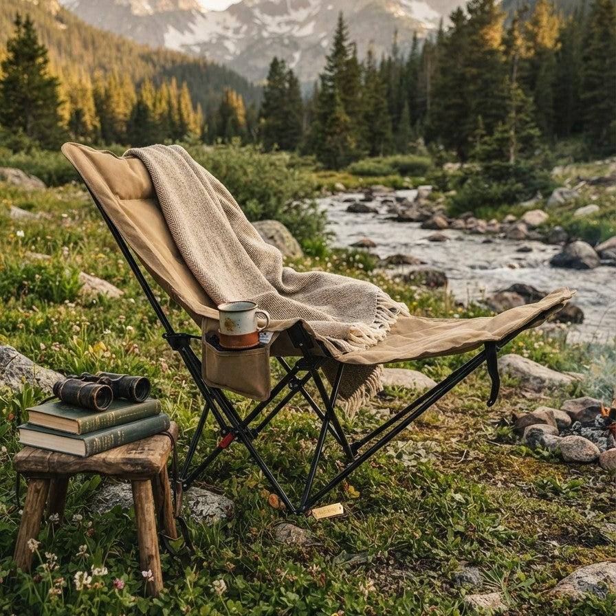 FC 108 foldable beige padded recliner camping lounge chair with footrest and side pocket.