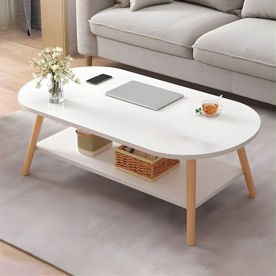 White 2 tier wooden coffee table with storage shelf measuring 120 × 60 × 42 cm for living rooms, bedrooms, and offices.