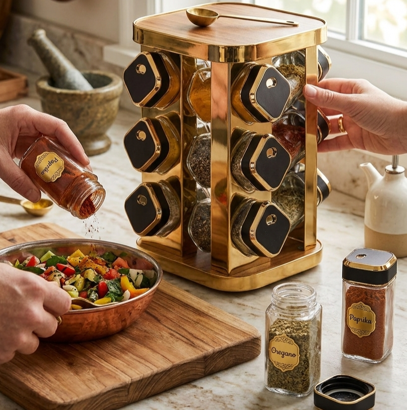 12 Piece Marble Spice Rack With Wooden Top