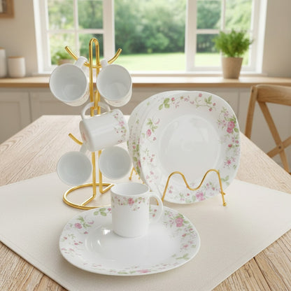 12-piece ceramic dinner set with 6 plates and 6 cups.