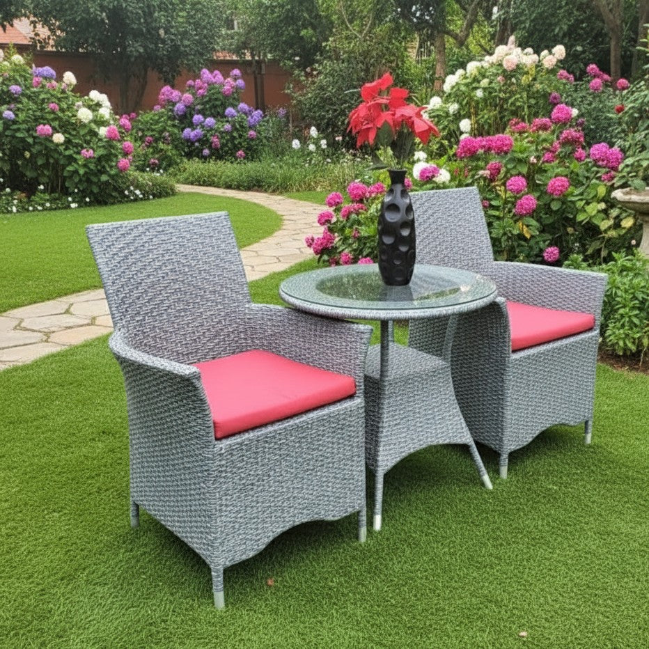 2 Seater Rattan Outdoor Balcony Set with Glass Table