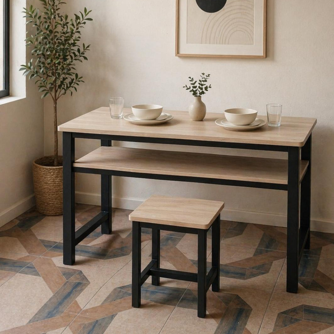 Rustic style 1.2m workstation desk with stool, home office study table set with wooden finish. 🪑✨