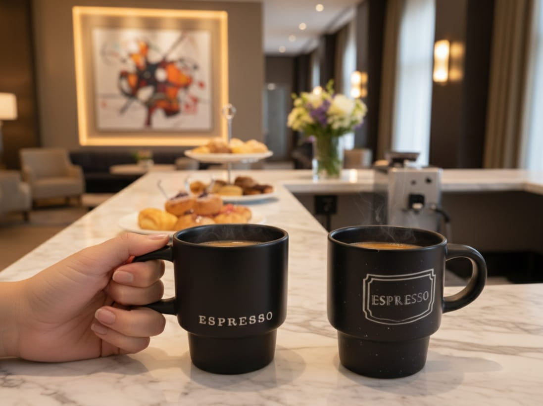 Black ceramic stackable espresso cup with 170 ml capacity.