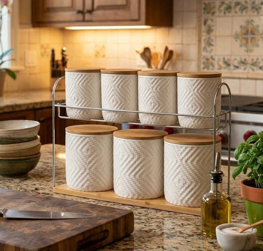 Luxury 8-piece ceramic canister set with bamboo lids and tray, 500 ml and 300 ml jars for stylish kitchen storage. 