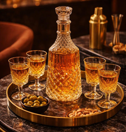 5-in-1 SALADAYS whiskey decanter set with 4 crystal glasses.