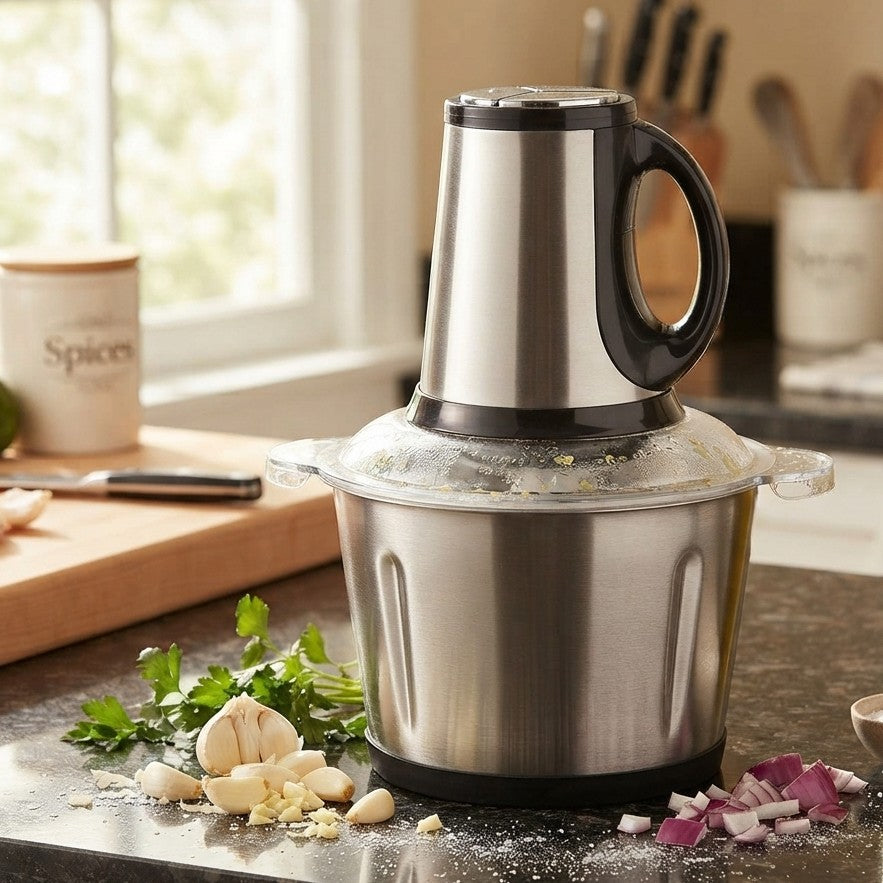 Stainless steel electric meat grinder and food processor with sharp blades, available in 2 L and 3 L capacities.
