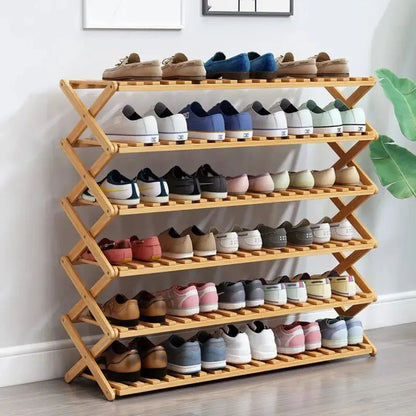 6-tier brown foldable bamboo shoe rack