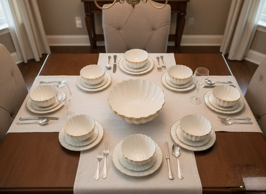 Ceramic shell bowl set with gold rim, includes 6 small 1.6-inch bowls and 1 larger 2.8-inch bowl.