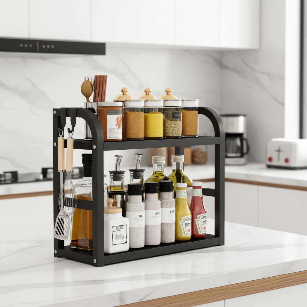 Two-layer pull-out kitchen storage rack for appliances and countertop organization.