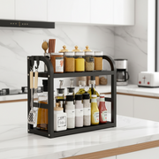 Two-layer pull-out kitchen storage rack for appliances and countertop organization.
