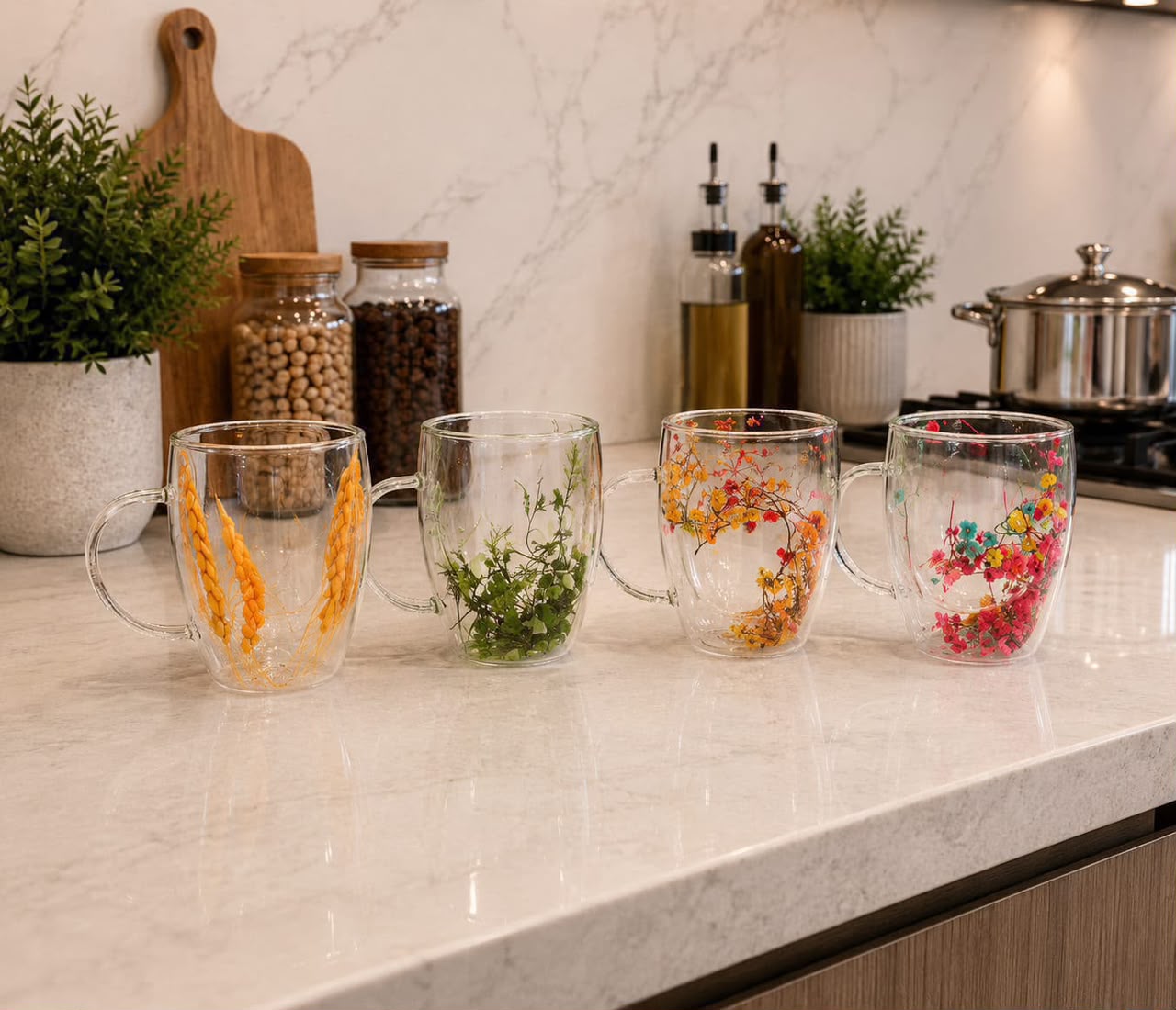 350ml borosilicate double wall glass mug set with pressed floral designs for hot drinks.