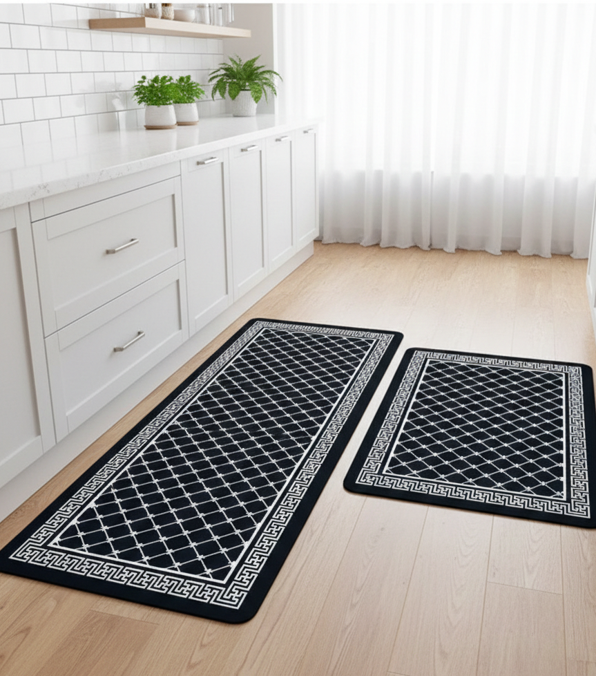 2-piece Rubber diatom kitchen mats set with large and small sizes, non-slip bottom.