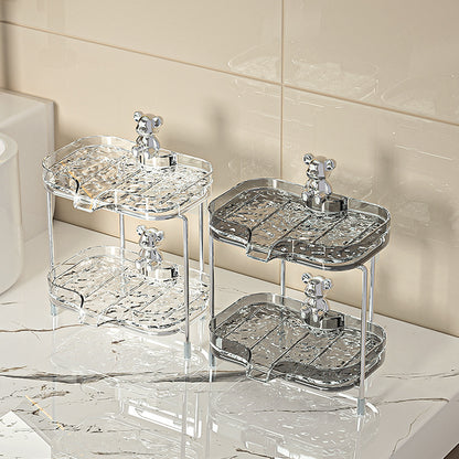 Double layer soap holder punch free design in clear and black, modern bathroom organizer for soaps and toiletries. 