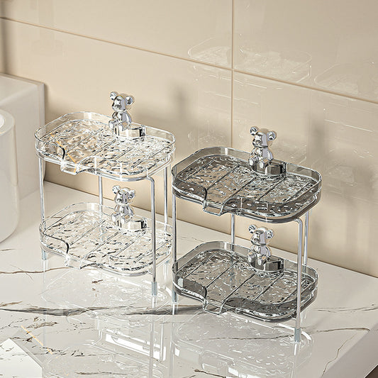 Double layer soap holder punch free design in clear and black, modern bathroom organizer for soaps and toiletries. 