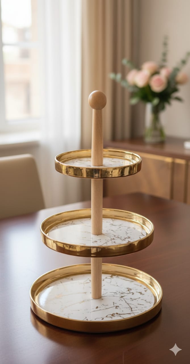 3-Layer Gold Marble Cake Stand with Bamboo Base