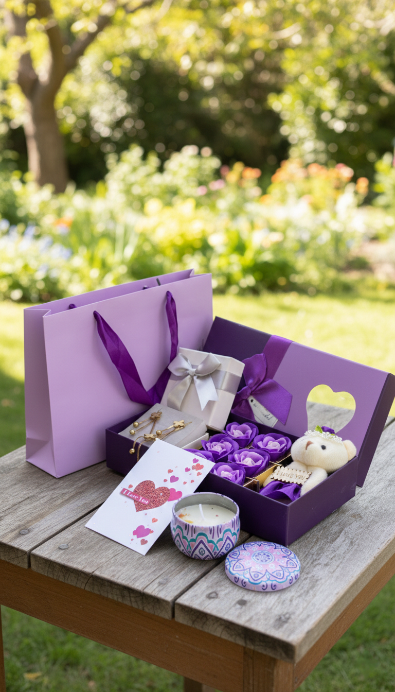 Valentines ladies gift set with stainless steel jewelry, scented candle, preserved roses, bear/doll, mirror box, card, and bag.
