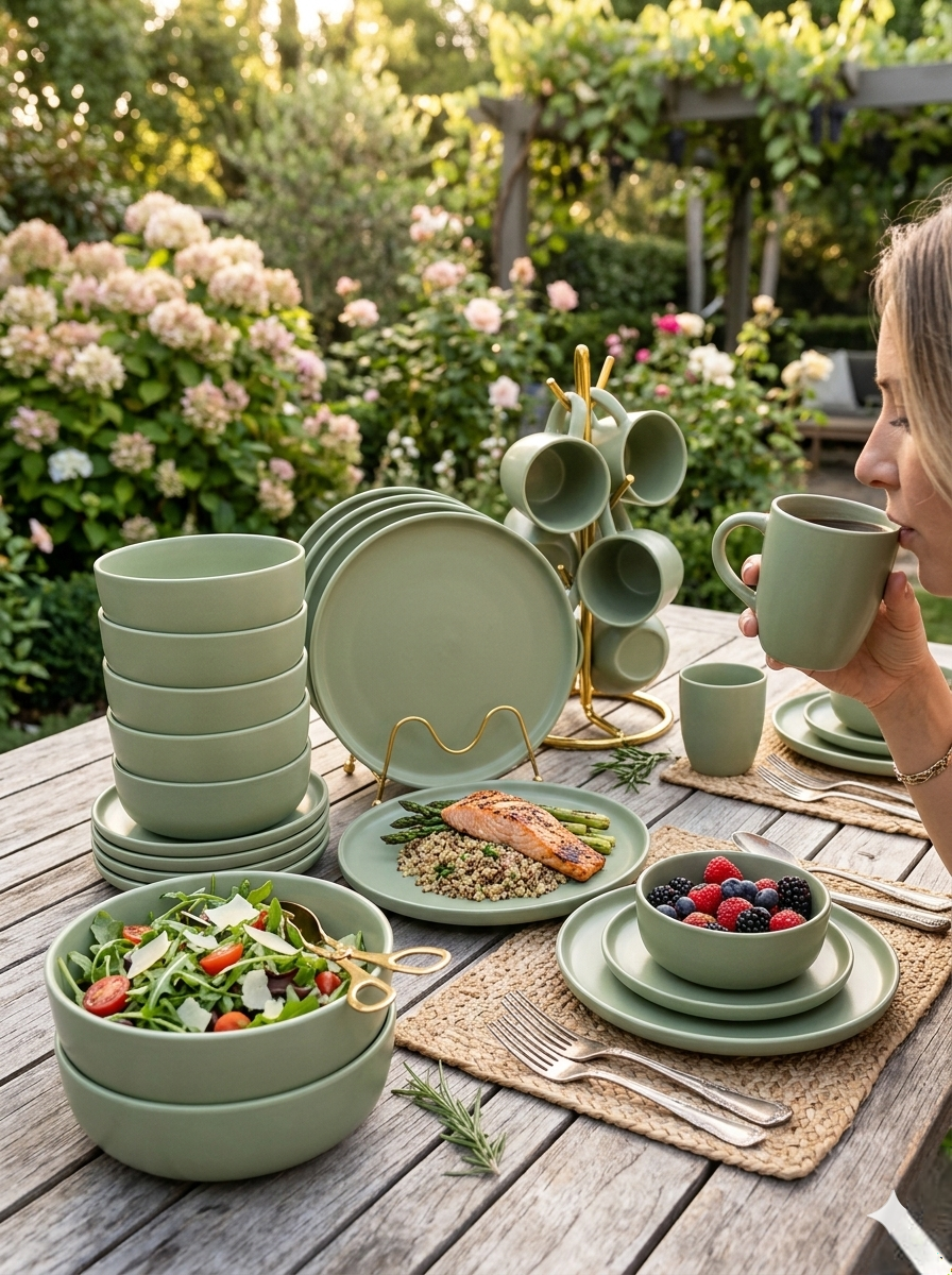 Tea Green 24 pieces dinner set with cups, bowls, side plates, and dinner plates