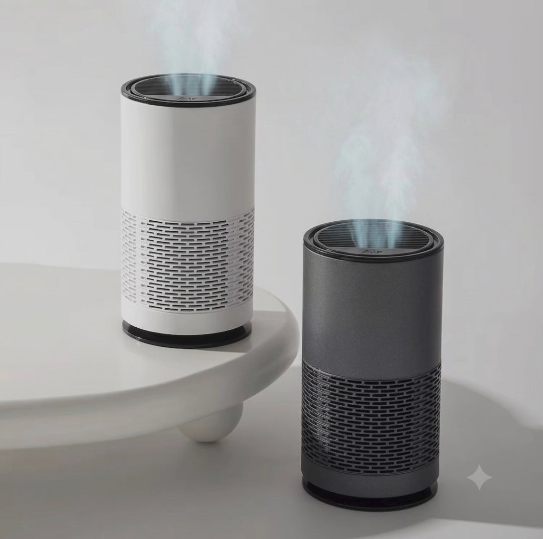 USB air purifier with humidifier activated carbon filter compact desktop air cleaner for bedrooms offices cars and personal spaces available in grey and white
