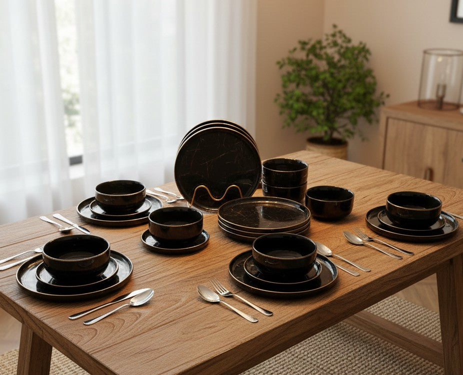 24Pc Black Gold European Porcelain Dinner Set