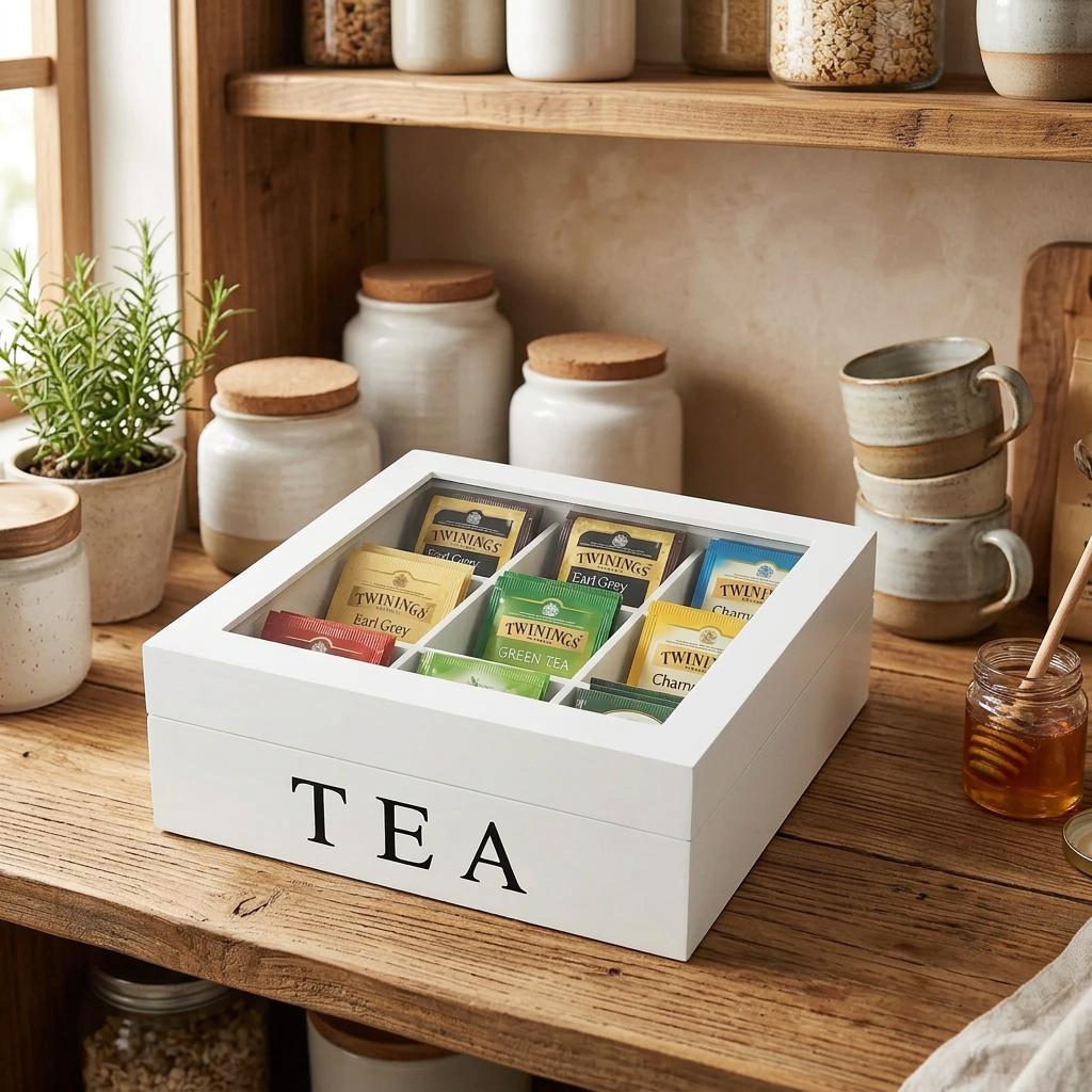 23 × 23 × 9cm White Bamboo Tea Bag Organiser with 9 Compartments