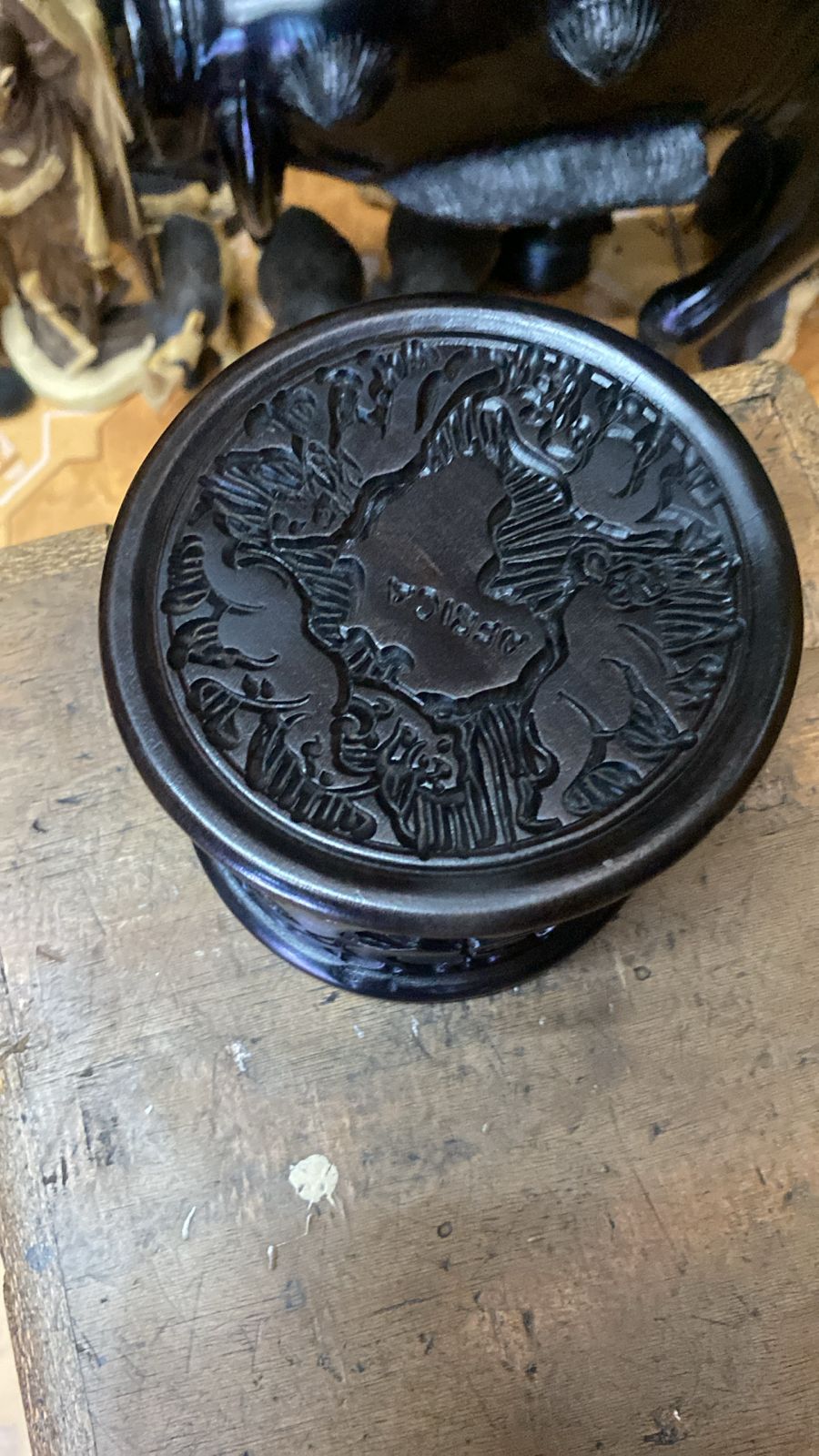 Ebony Wood Coaster Set With Big Five And Africa Map Carvings with  Matching Lidded Container