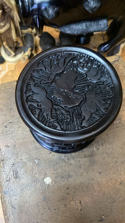 Ebony Wood Coaster Set With Big Five And Africa Map Carvings with  Matching Lidded Container