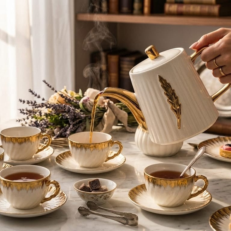 14pc Gold Detail Ceramic Tea Set