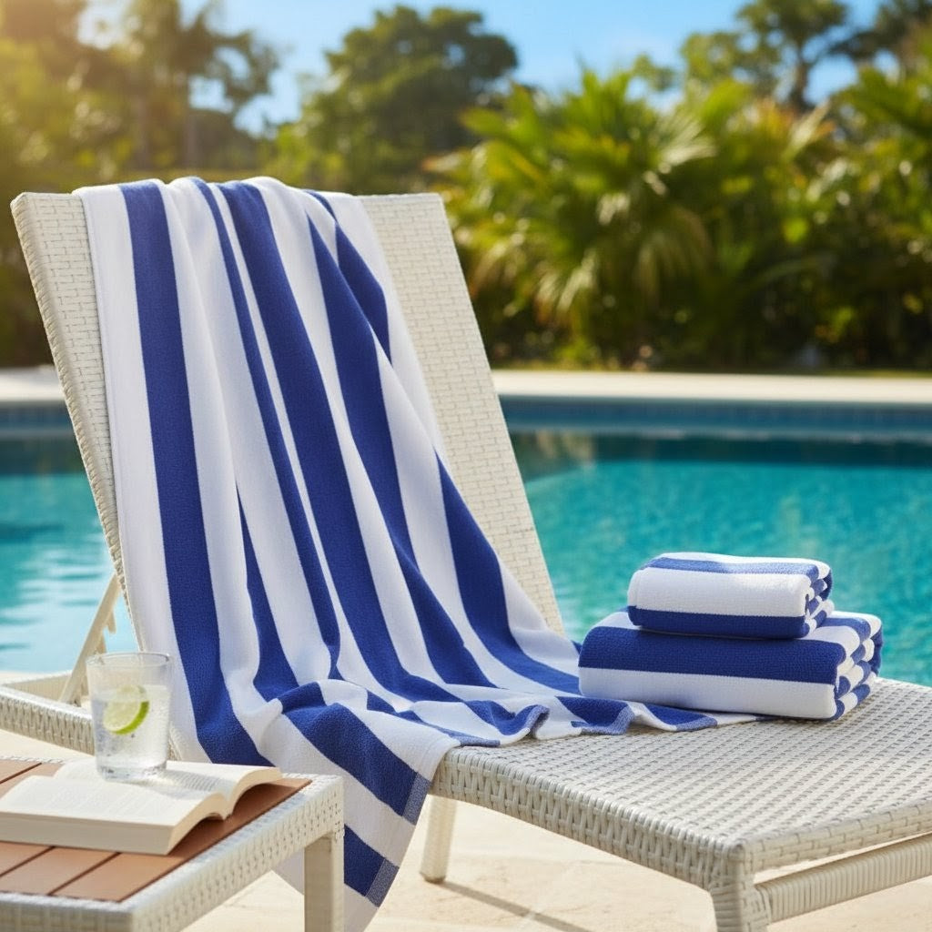 Cabana cotton pool towel with white and blue stripes, 100 cm by 180 cm