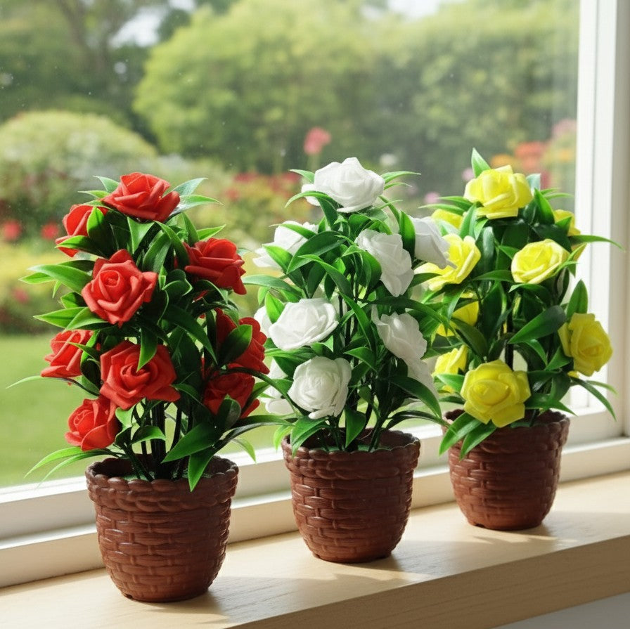 Plastic Artificial Rose Flower Potted Plant