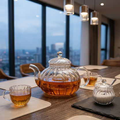 800ml Striped borosilicate glass teapot for brewing and serving hot tea with an elegant modern design