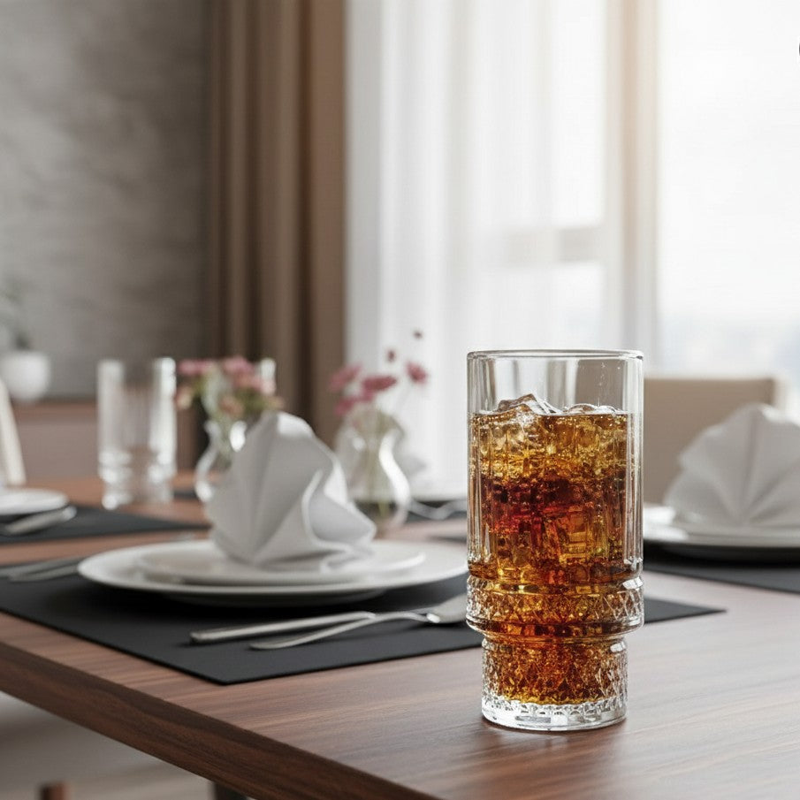 Set of ribbed highball glasses for juice and cocktails