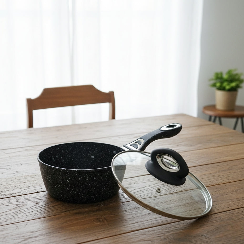Black granite-coated Baroly sauce pan with lid in 18 cm and 20 cm sizes