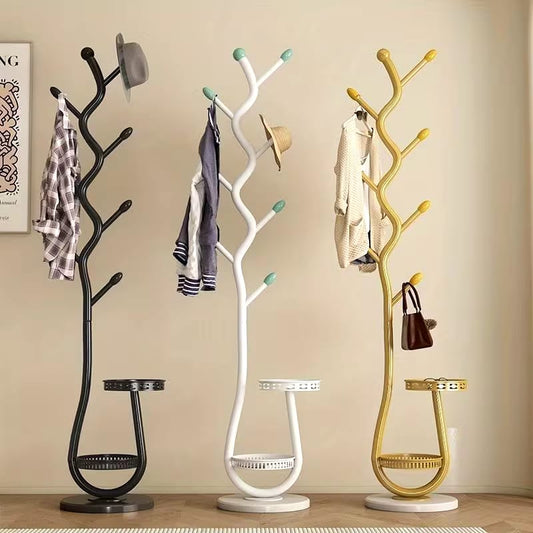 Cream style floor standing coat rack with metal stand, 30 by 170 cm, ideal for hanging coats, bags, and accessories.