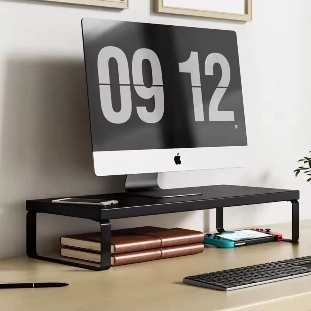 laptop stand and monitor raiser desk organiser measuring 50x20x8cm elevated desktop computer rack with storage space underneath available in black and white with black stands