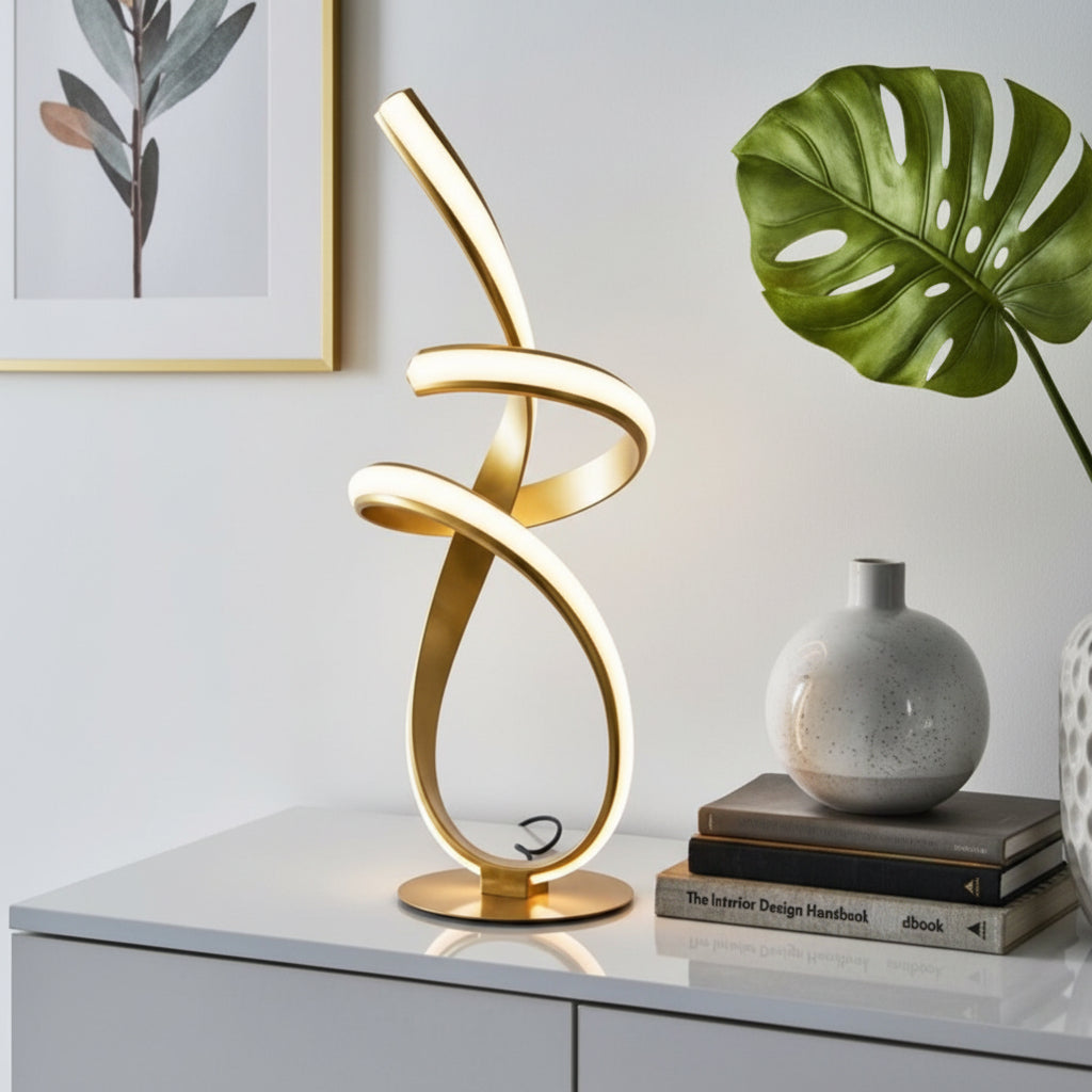 Gold ribbon LED table lamp with twisted modern design warm white ambient lighting and gold finish for bedside tables living rooms office desks and home décor.