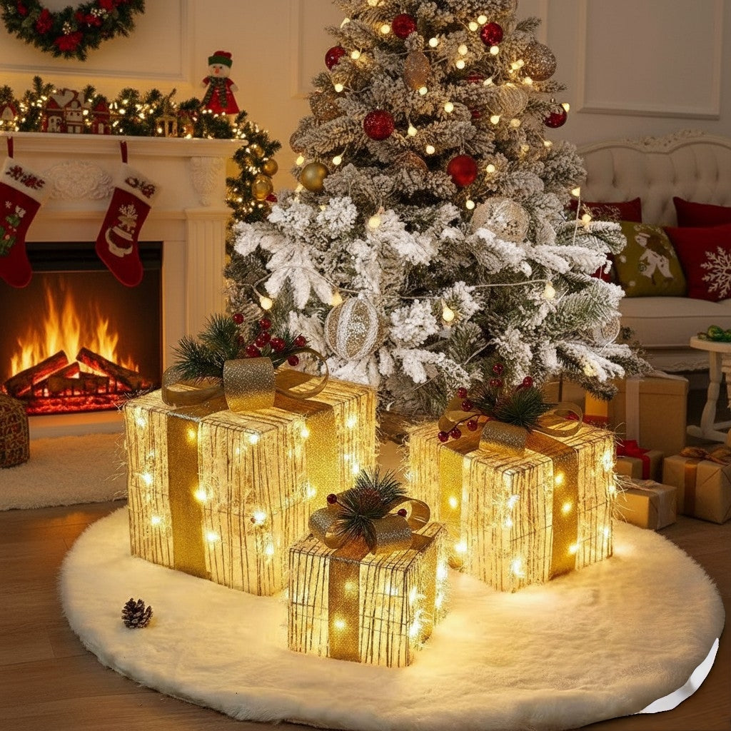 3Pcs Set Snow Flocked Christmas Lighted Gift Boxes