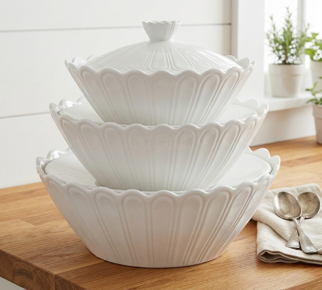 3-Piece white ceramic serving bowls with textured wavy design in different sizes