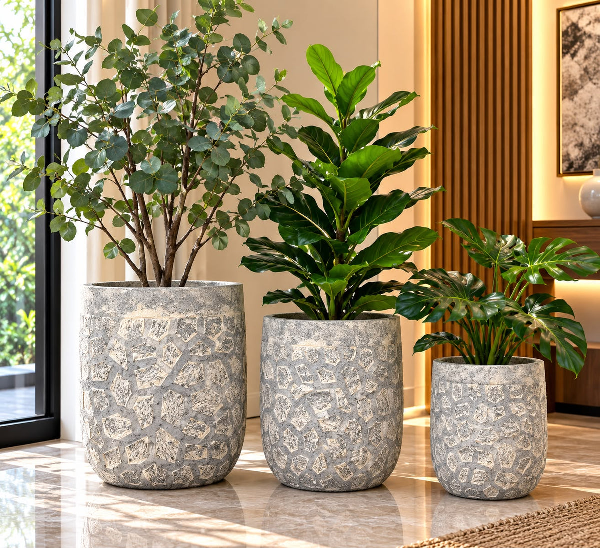 Ribbed Concrete Planters – 24.5 × 24.5 × 23 cm, 35 × 35 × 31.5 cm and 48 × 48 × 41.5 cm