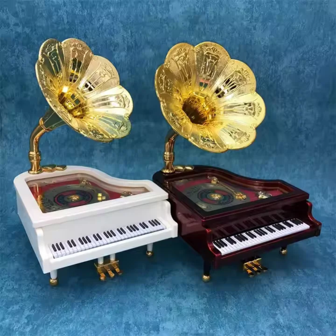 Piano-style music box with phonograph horn