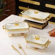 Alt Text
3-piece white ceramic chafing dish set with gold accents in 3.8L, 2.8L, and 1.8L capacities for serving meals and buffet displays.