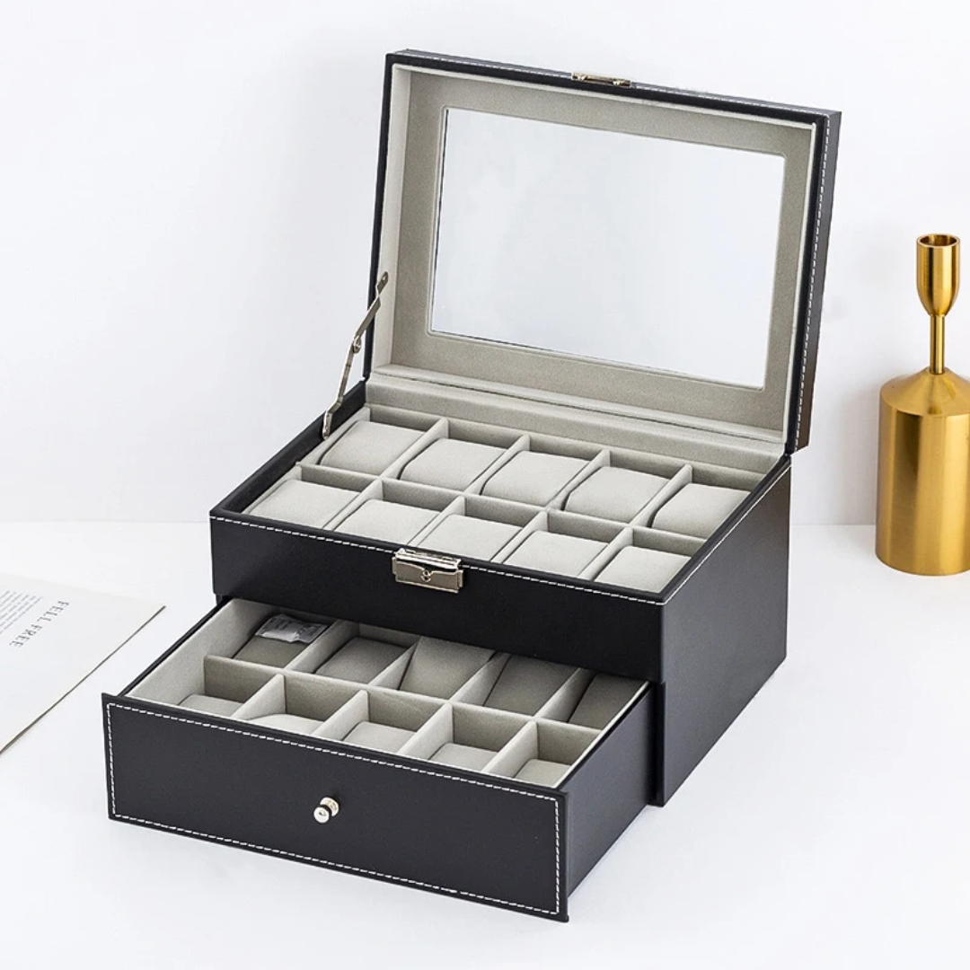 20-Slot Leather Watch/Jewelry Organizer with Lock