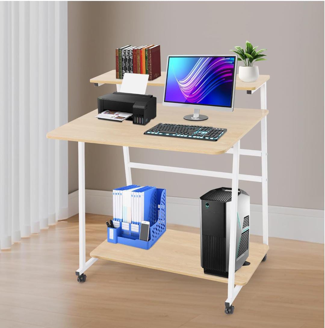 3-Tier Minimalist computer desk in white and log color with rolling wheels and shelves.