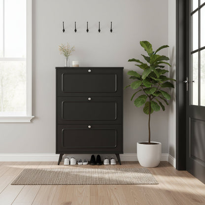 Black triple-layer flip shoe cabinet with golden accents storing multiple pairs of shoes