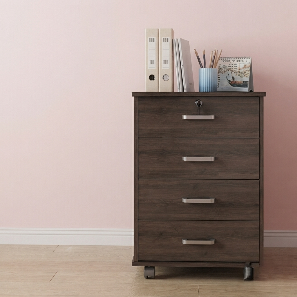 Wooden multi purpose storage cabinet with drawer, open shelves and wheels, 37 × 34 × 65cm