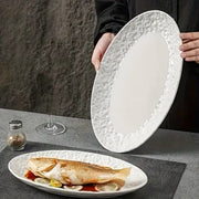 Ceramic oval fish plate oven safe serving dish available in 10 inch and 12 inch sizes. 